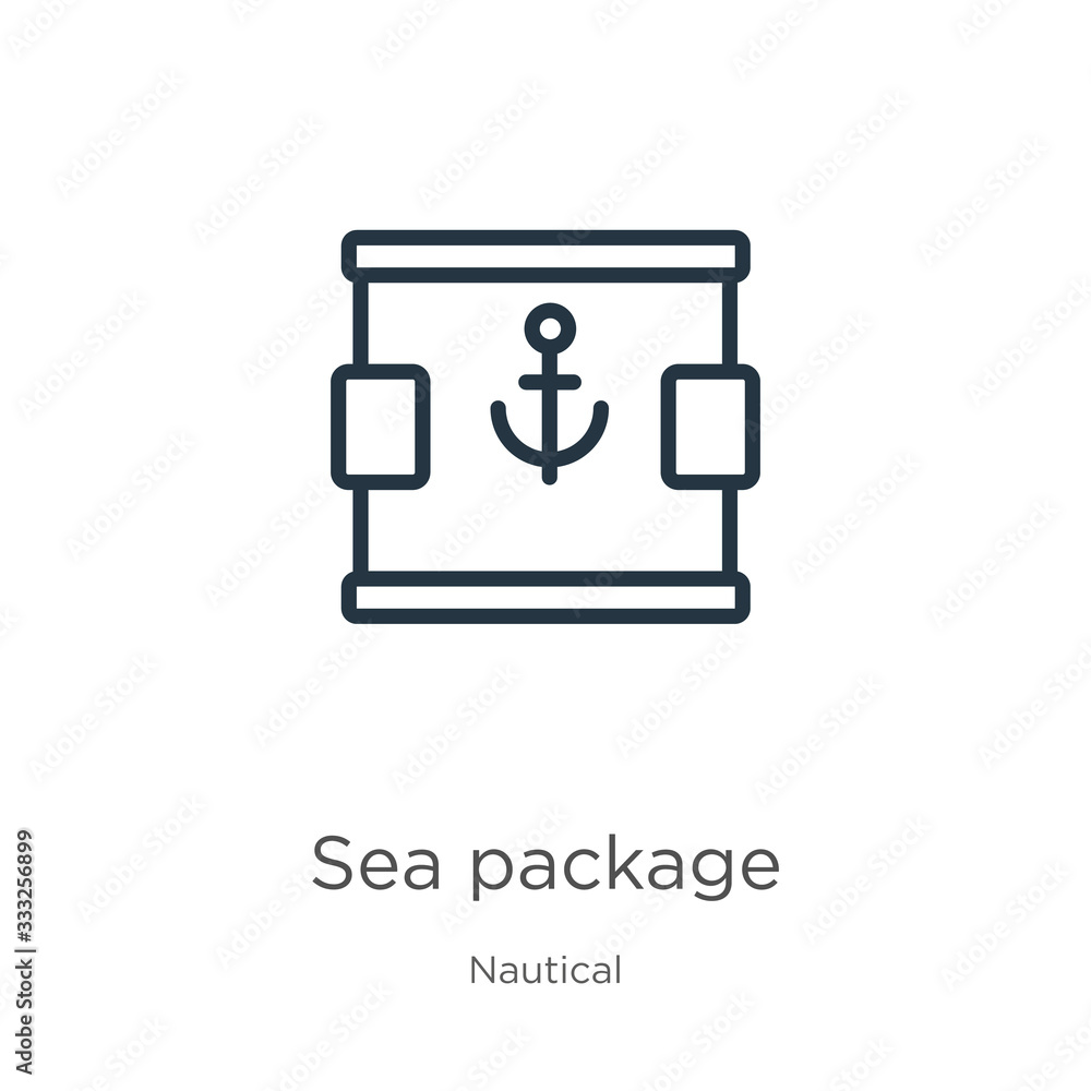 Sea package icon. Thin linear sea package outline icon isolated on white background from nautical collection. Line vector sign, symbol for web and mobile Sea package icon. Thin linear sea package outline icon isolated on white background from nautical collection. Line vector sign, symbol for web and mobile