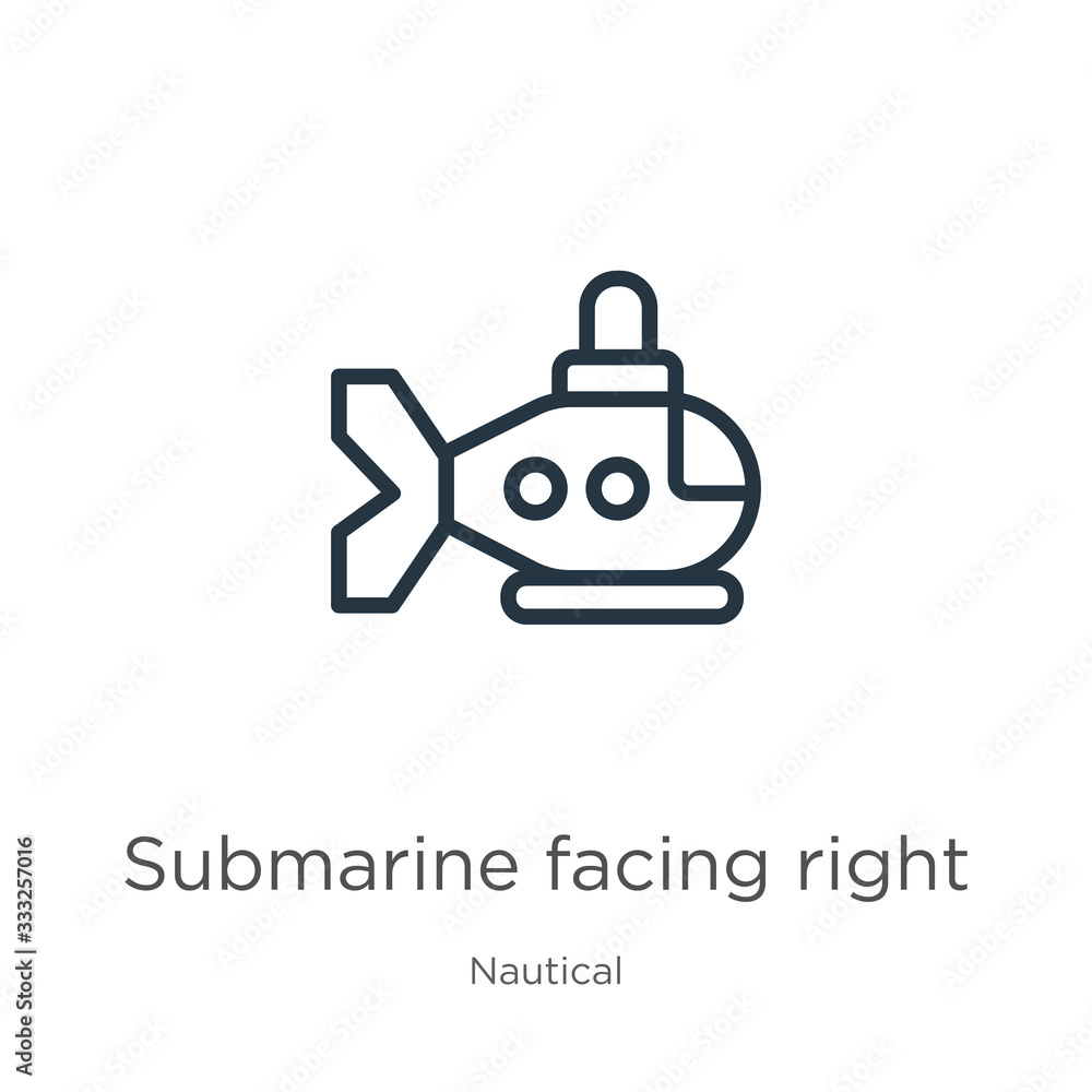 Submarine facing right icon. Thin linear submarine facing right outline icon isolated on white background from nautical collection. Line vector sign, symbol for web and mobile Submarine facing right icon. Thin linear submarine facing right outline icon isolated on white background from nautical collection. Line vector sign, symbol for web and mobile