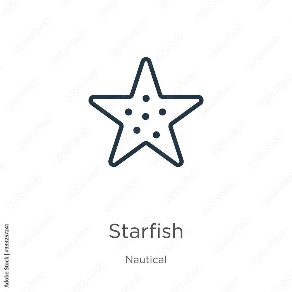 Obraz premium Starfish icon. Thin linear starfish outline icon isolated on white background from nautical collection. Line vector sign, symbol for web and mobile