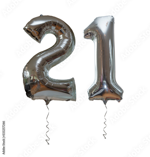 Silver number21 party balloons isolated on a white background