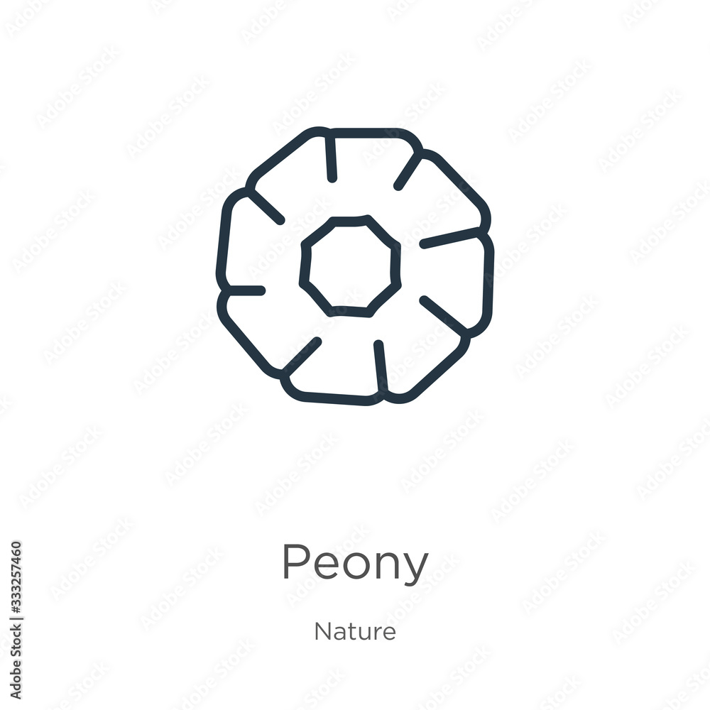 Obraz premium Peony icon. Thin linear peony outline icon isolated on white background from nature collection. Line vector sign, symbol for web and mobile