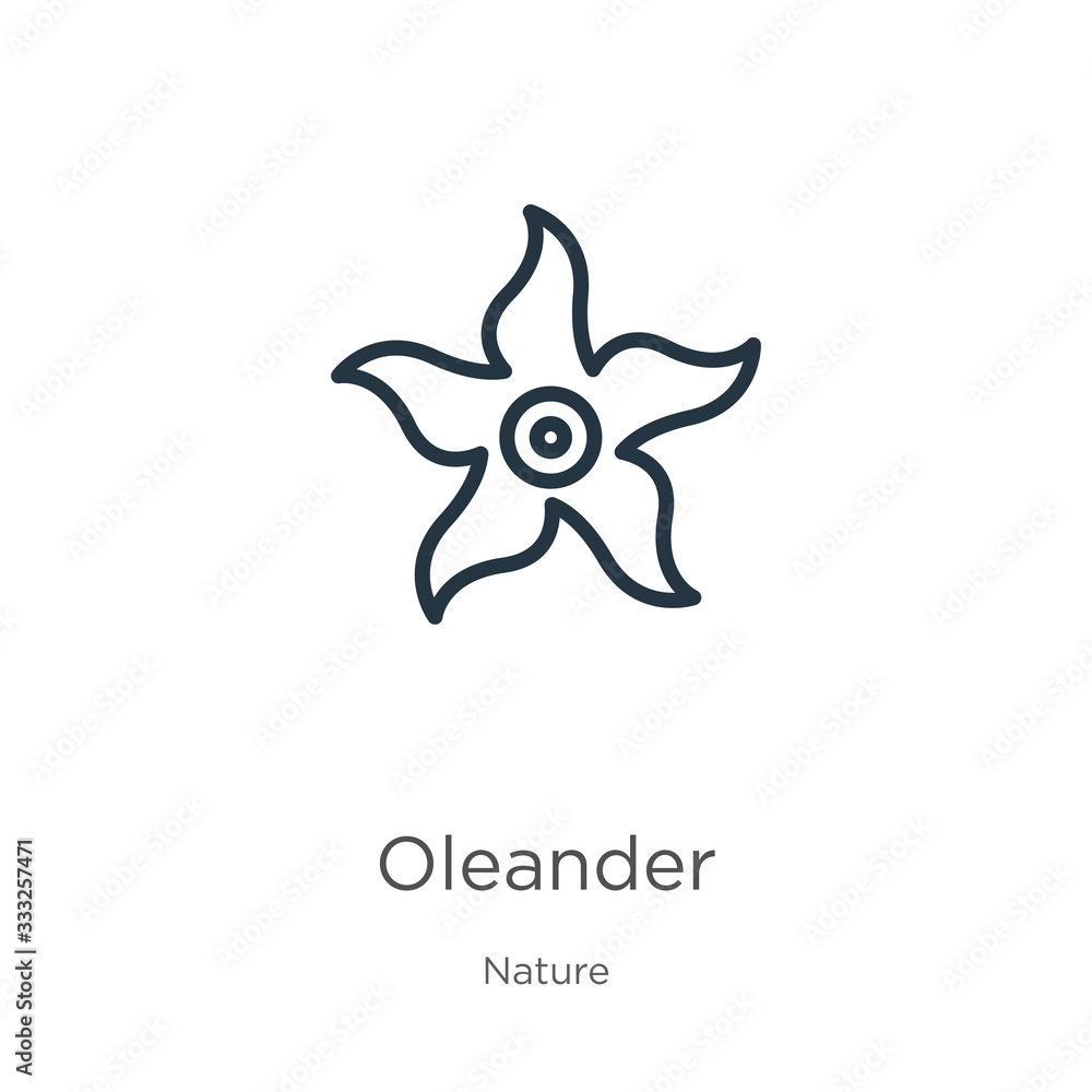 Oleander icon. Thin linear oleander outline icon isolated on white background from nature collection. Line vector sign, symbol for web and mobile Oleander icon. Thin linear oleander outline icon isolated on white background from nature collection. Line vector sign, symbol for web and mobile