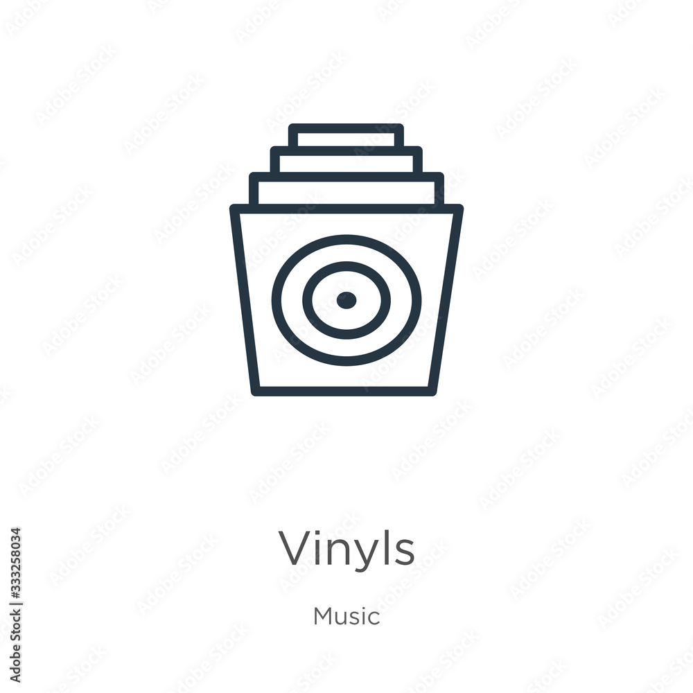 Vinyls icon. Thin linear vinyls outline icon isolated on white background from music collection. Line vector sign, symbol for web and mobile Vinyls icon. Thin linear vinyls outline icon isolated on white background from music collection. Line vector sign, symbol for web and mobile
