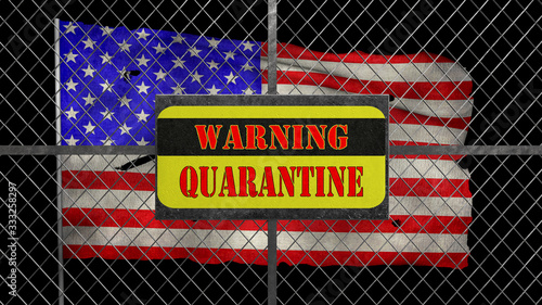 3d Illustration of iron gate with message "warning quarantine". Ragged USA flag is waving in the wind.