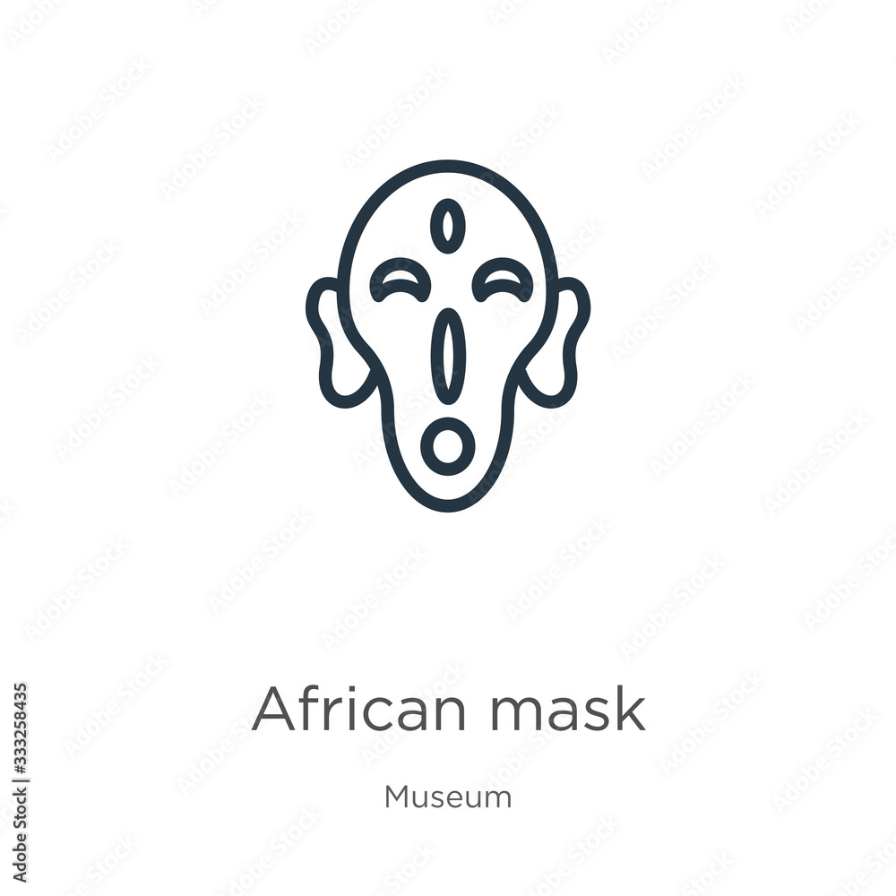 Fototapeta premium African mask icon. Thin linear african mask outline icon isolated on white background from museum collection. Line vector sign, symbol for web and mobile