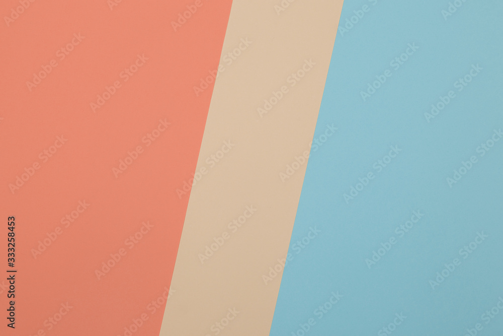 Blue, yellow, orange background, colored paper geometrically divides into zones, frame, copy, space.