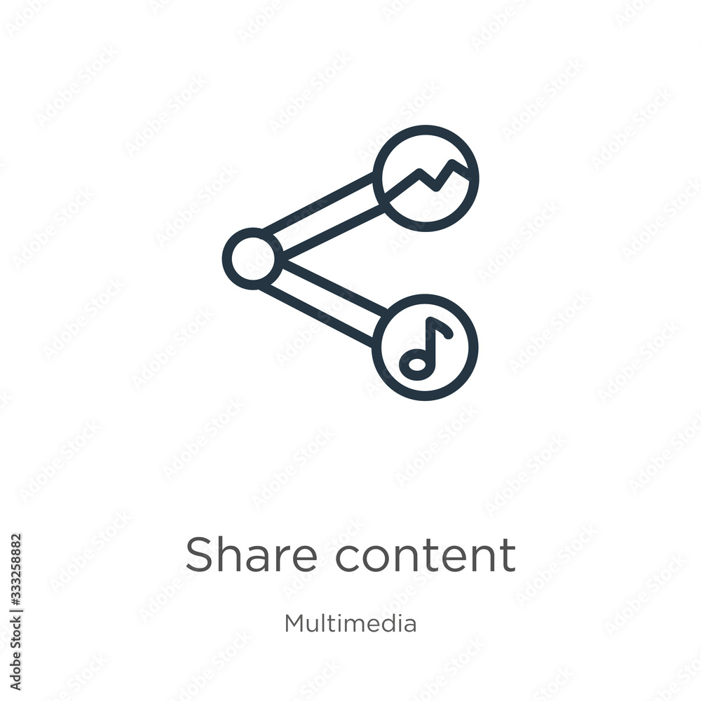 Share content icon. Thin linear share content outline icon isolated on white background from multimedia collection. Line vector sign, symbol for web and mobile Share content icon. Thin linear share content outline icon isolated on white background from multimedia collection. Line vector sign, symbol for web and mobile