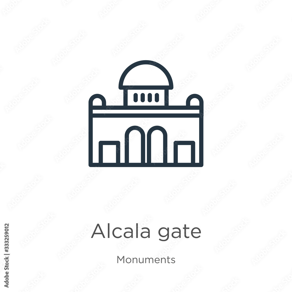 Alcala gate icon. Thin linear alcala gate outline icon isolated on white background from monuments collection. Line vector sign, symbol for web and mobile Alcala gate icon. Thin linear alcala gate outline icon isolated on white background from monuments collection. Line vector sign, symbol for web and mobile
