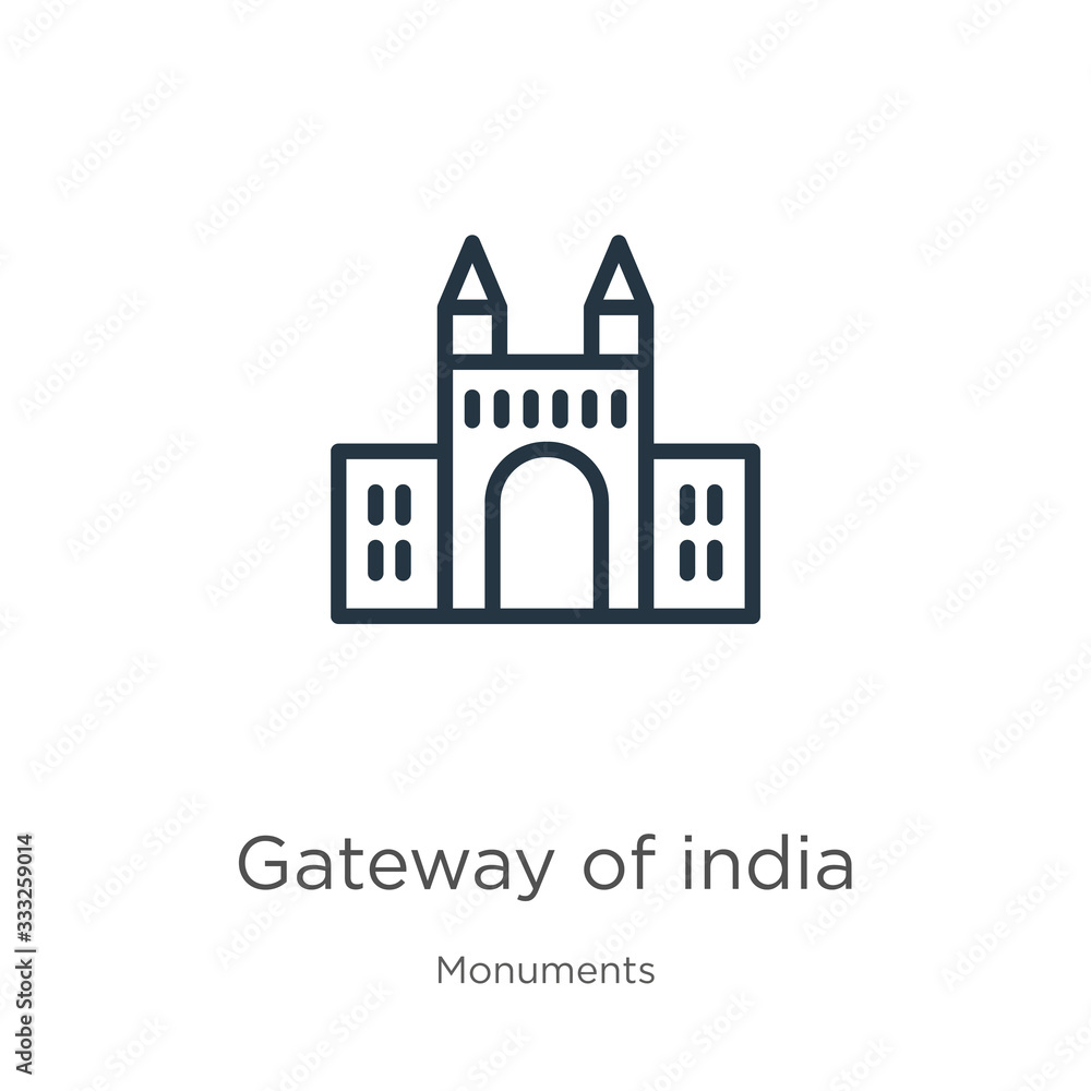 Gateway of india icon. Thin linear gateway of india outline icon isolated on white background from monuments collection. Line vector sign, symbol for web and mobile