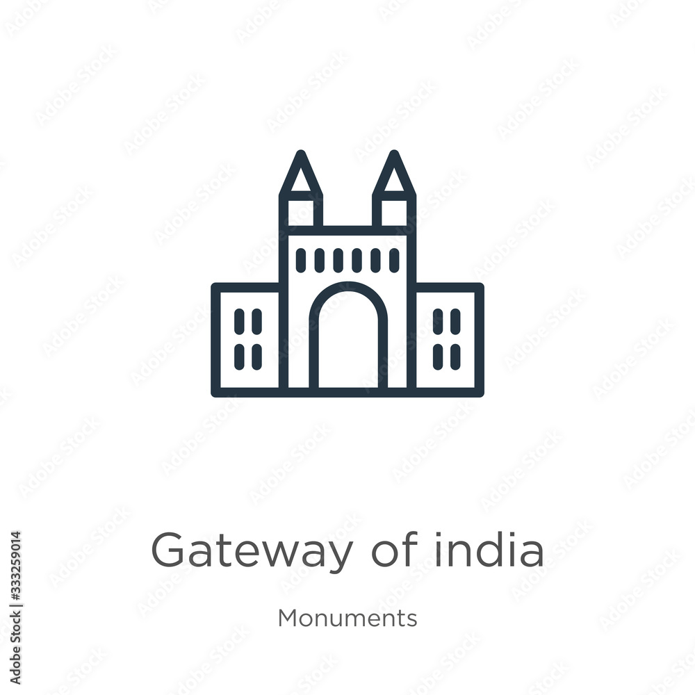 Gateway of india icon. Thin linear gateway of india outline icon isolated on white background from monuments collection. Line vector sign, symbol for web and mobile Gateway of india icon. Thin linear gateway of india outline icon isolated on white background from monuments collection. Line vector sign, symbol for web and mobile