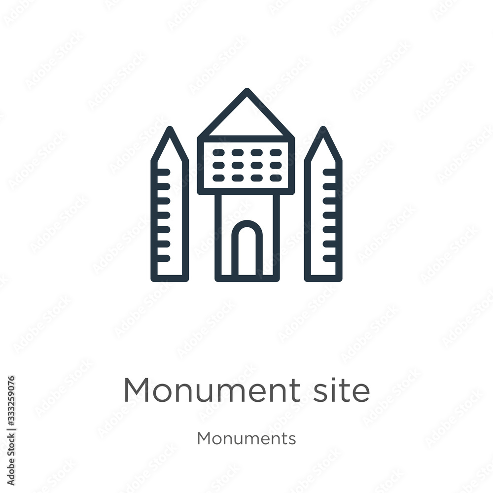 Monument site icon. Thin linear monument site outline icon isolated on white background from monuments collection. Line vector sign, symbol for web and mobile