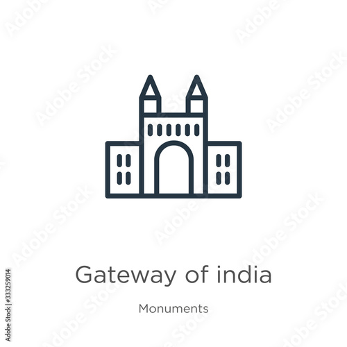 Gateway of india icon. Thin linear gateway of india outline icon isolated on white background from monuments collection. Line vector sign, symbol for web and mobile