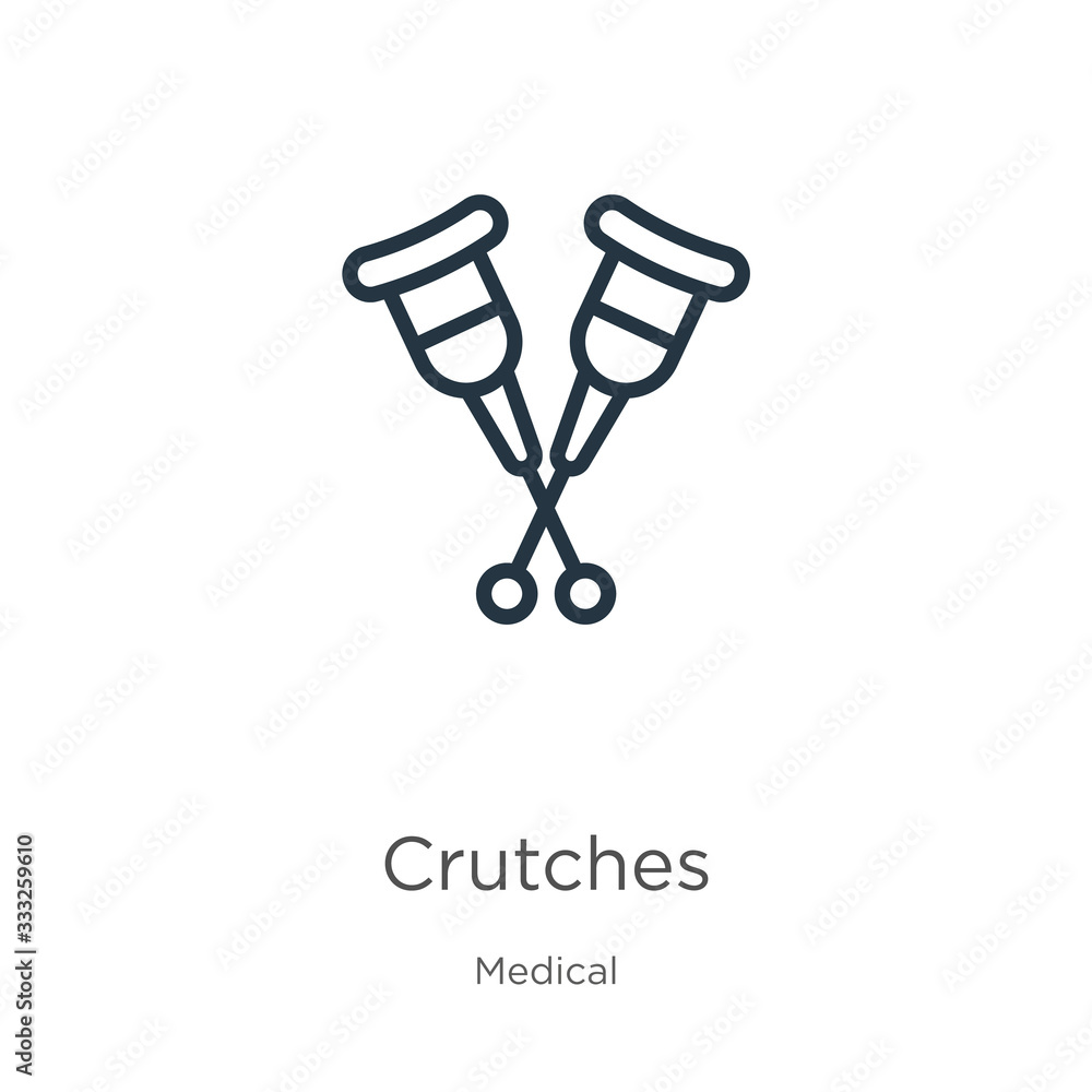 Crutches icon. Thin linear crutches outline icon isolated on white background from medical collection. Line vector sign, symbol for web and mobile Crutches icon. Thin linear crutches outline icon isolated on white background from medical collection. Line vector sign, symbol for web and mobile