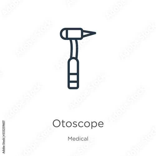 Otoscope icon. Thin linear otoscope outline icon isolated on white background from medical collection. Line vector sign, symbol for web and mobile