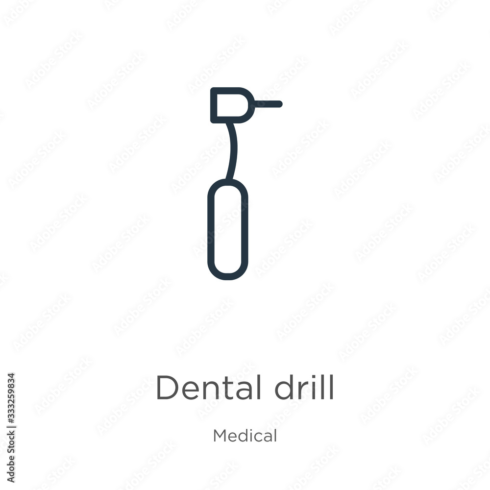 Dental drill icon. Thin linear dental drill outline icon isolated on white background from medical collection. Line vector sign, symbol for web and mobile Dental drill icon. Thin linear dental drill outline icon isolated on white background from medical collection. Line vector sign, symbol for web and mobile