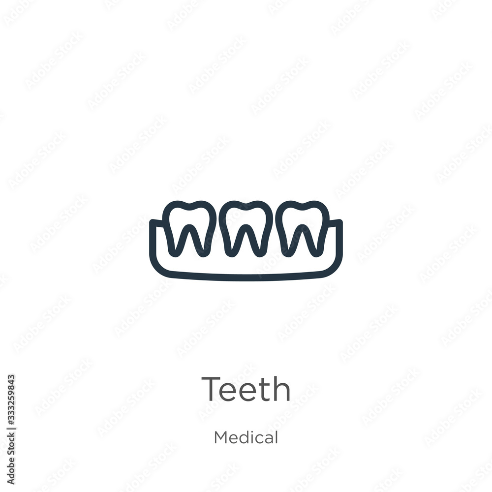 Teeth icon. Thin linear teeth outline icon isolated on white background from medical collection. Line vector sign, symbol for web and mobile Teeth icon. Thin linear teeth outline icon isolated on white background from medical collection. Line vector sign, symbol for web and mobile