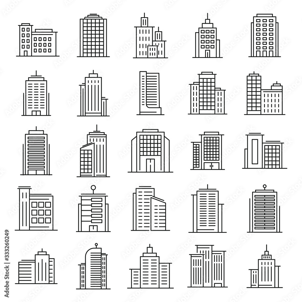 Outline vector buildings. Urban architecture, skyscrapers on white background. Hotel, university and bank, city library line downtown building icons set