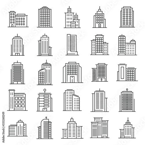 Outline vector buildings. Urban architecture, skyscrapers on white background. Hotel, university and bank, city library line downtown building icons set