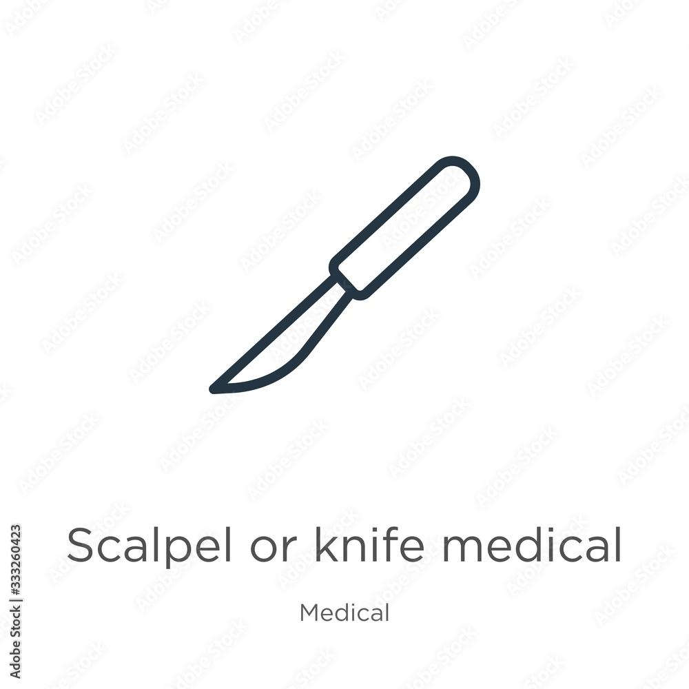 Scalpel or knife medical surgery cutting tool icon. Thin linear scalpel or knife medical surgery cutting tool outline icon isolated on white background from medical collection. Line vector sign, Scalpel or knife medical surgery cutting tool icon. Thin linear scalpel or knife medical surgery cutting tool outline icon isolated on white background from medical collection. Line vector sign,