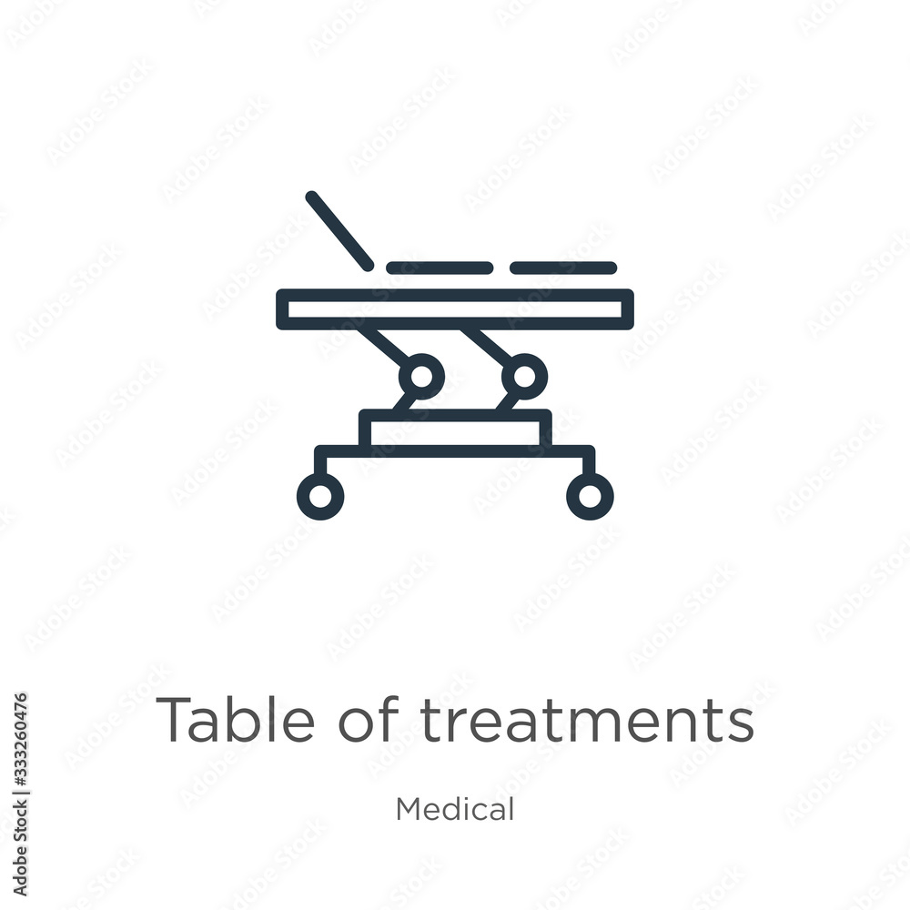 Table of treatments icon. Thin linear table of treatments outline icon isolated on white background from medical collection. Line vector sign, symbol for web and mobile Table of treatments icon. Thin linear table of treatments outline icon isolated on white background from medical collection. Line vector sign, symbol for web and mobile
