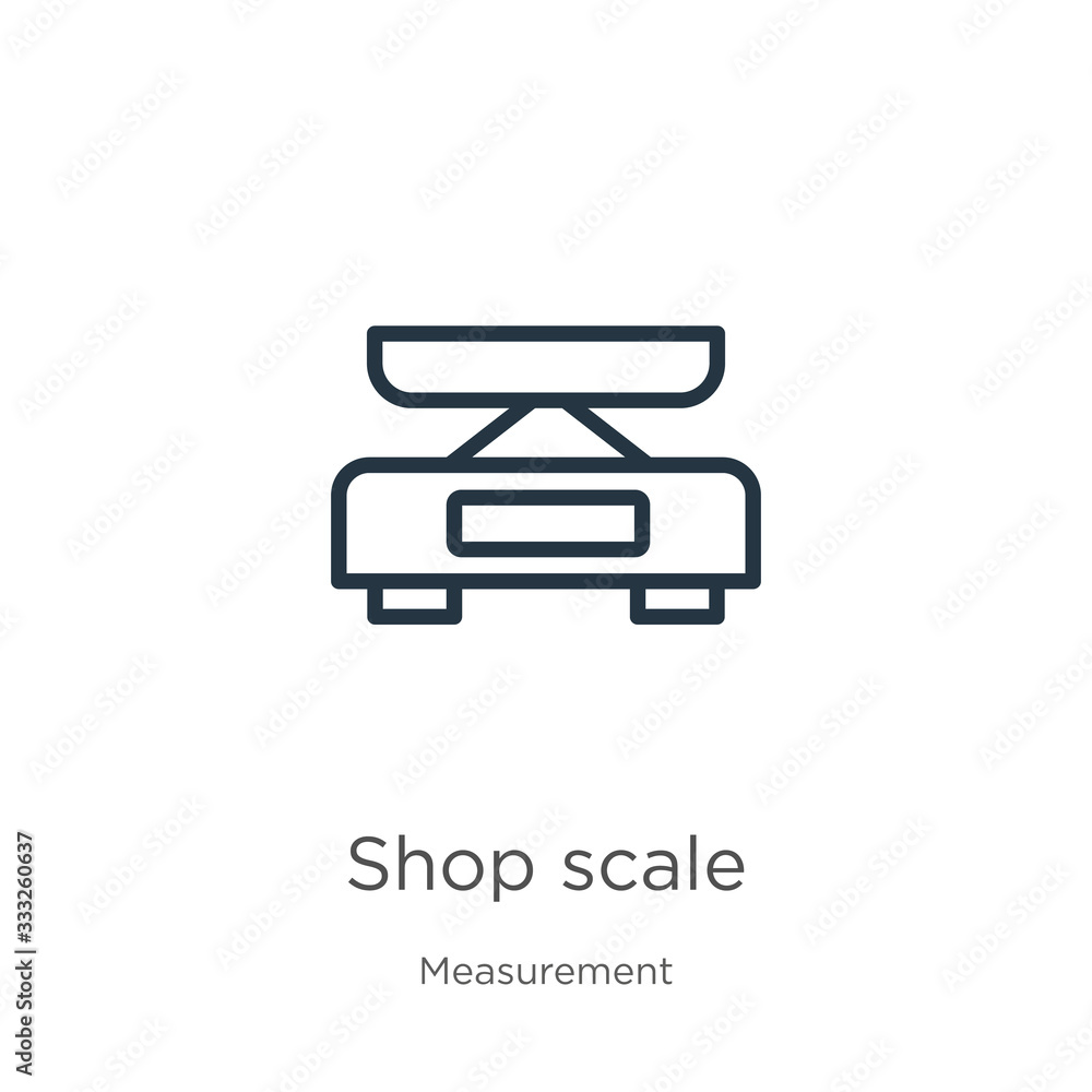 Shop scale icon. Thin linear shop scale outline icon isolated on white background from measurement collection. Line vector sign, symbol for web and mobile Shop scale icon. Thin linear shop scale outline icon isolated on white background from measurement collection. Line vector sign, symbol for web and mobile