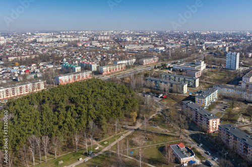 Gomel. A view of the Soviet district of the city from a bird's flight. Residential buildings, neighborhoods, shops, buildings, institutions, sports facilities, roads.