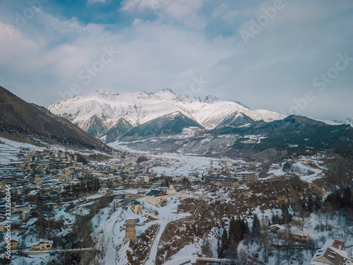 Snow-covered winter village in the Carpathian mountains.