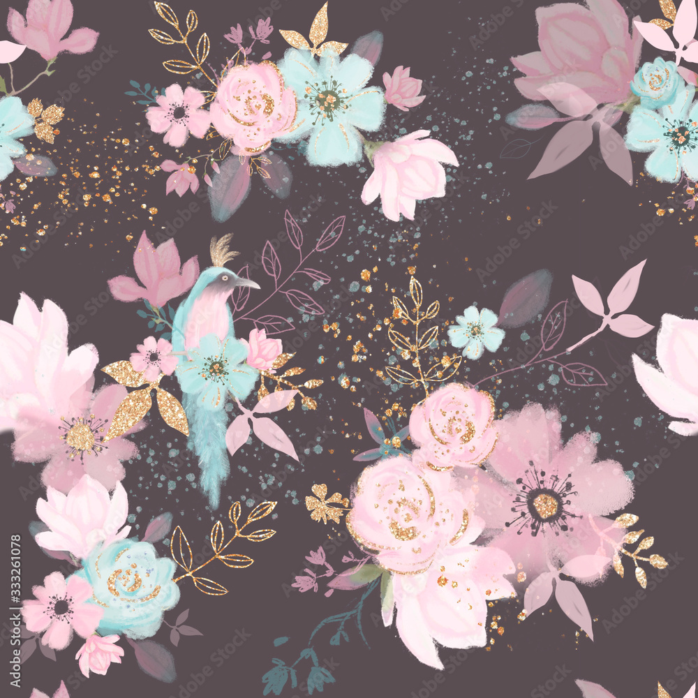 Plakat Floral seamless pattern with blue bird, pink flowes, gold leaves. Kids room wallpaper