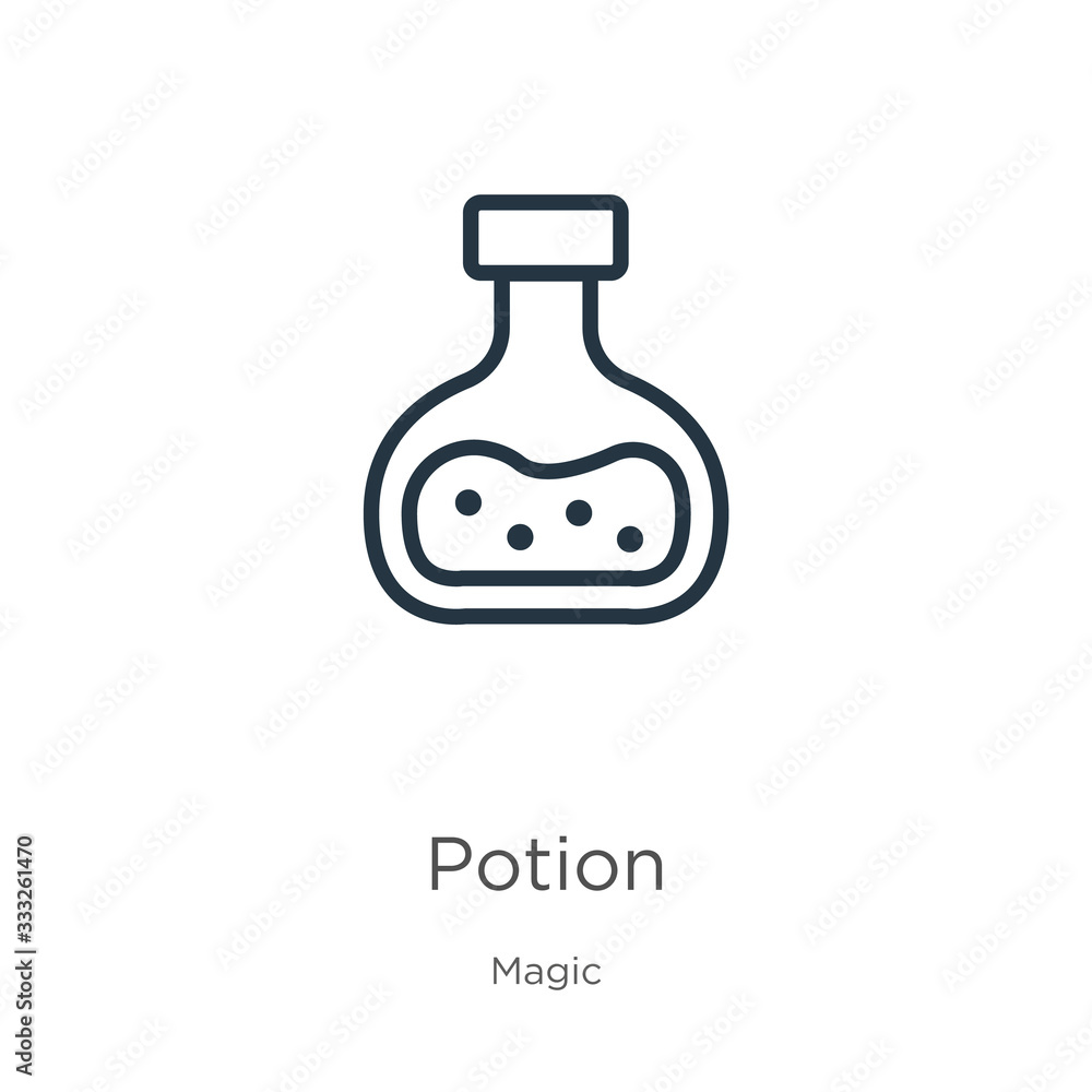 Potion icon. Thin linear potion outline icon isolated on white background from magic collection. Line vector sign, symbol for web and mobile Potion icon. Thin linear potion outline icon isolated on white background from magic collection. Line vector sign, symbol for web and mobile