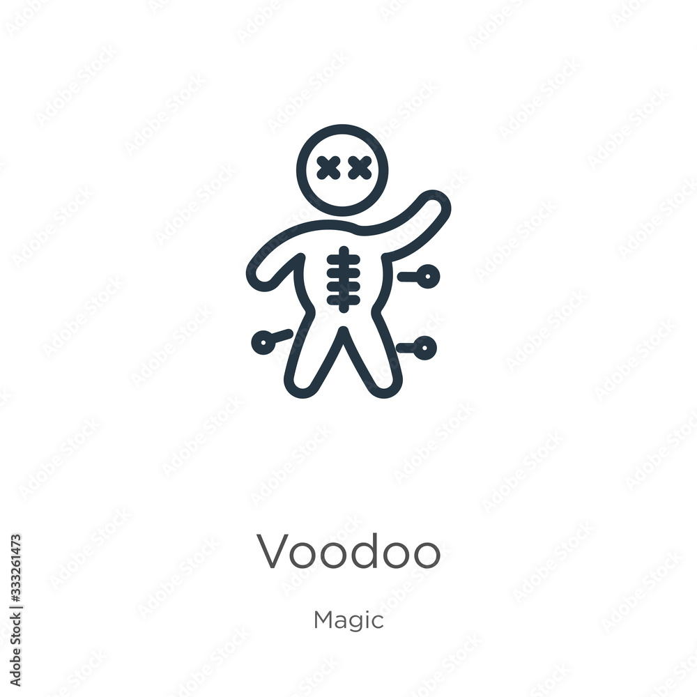 Voodoo icon. Thin linear voodoo outline icon isolated on white background from magic collection. Line vector sign, symbol for web and mobile Voodoo icon. Thin linear voodoo outline icon isolated on white background from magic collection. Line vector sign, symbol for web and mobile