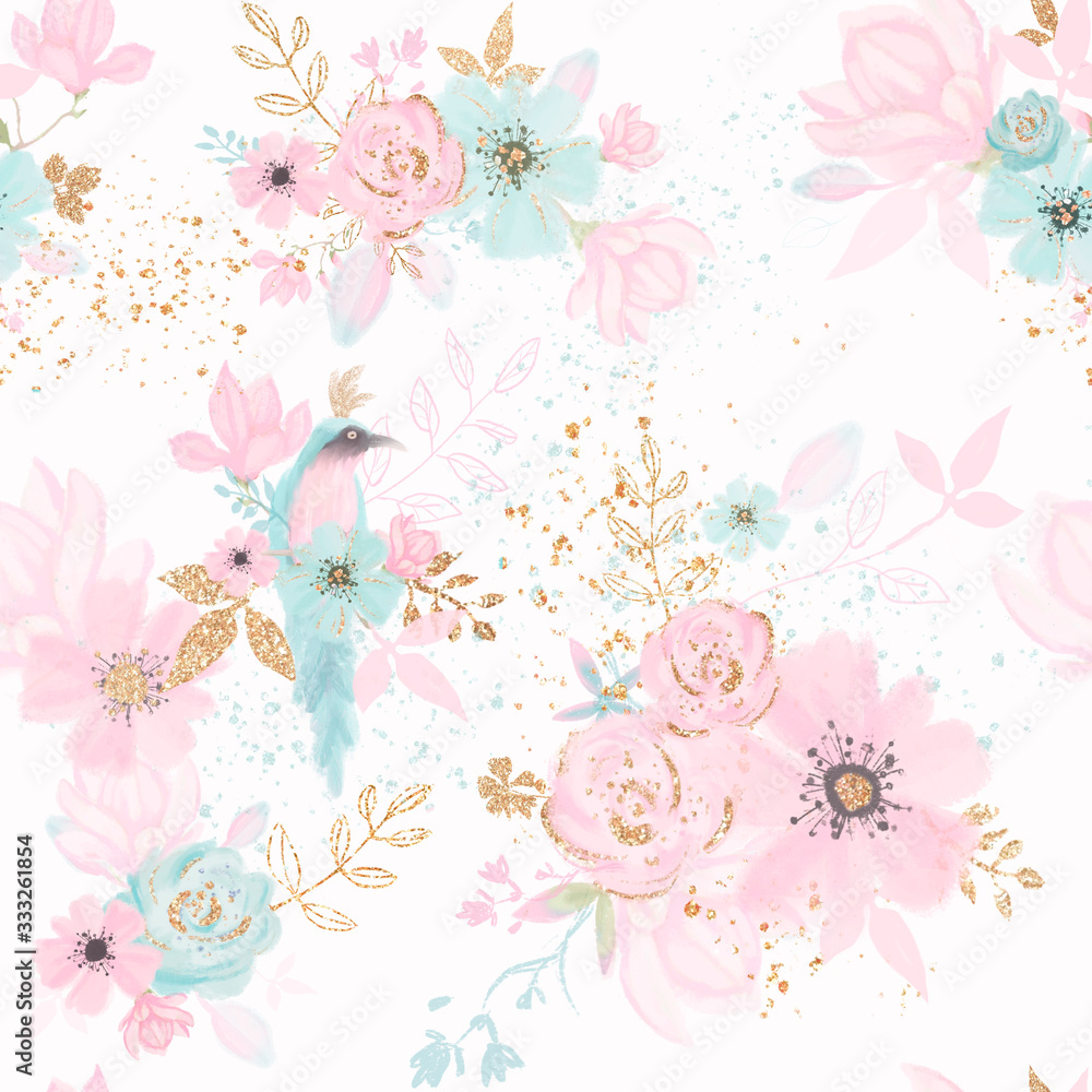 Plakat Floral seamless pattern with blue bird, pink flowes, gold leaves. Kids room wallpaper