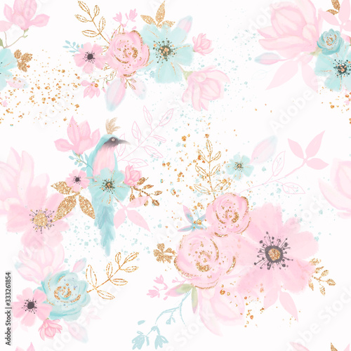 Floral seamless pattern with blue bird  pink flowes  gold leaves. Kids room wallpaper