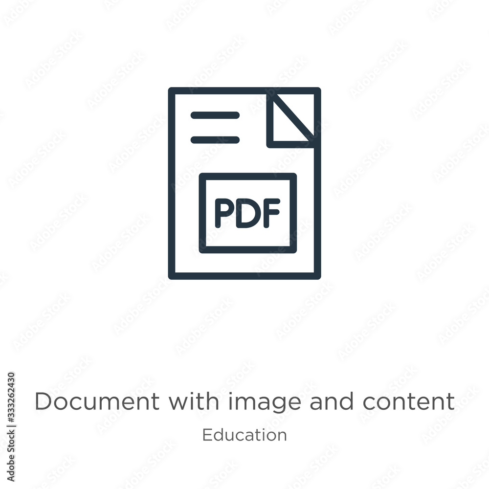Document with image and content icon. Thin linear document with image and content outline icon isolated on white background from education collection. Line vector sign, symbol for web and mobile Document with image and content icon. Thin linear document with image and content outline icon isolated on white background from education collection. Line vector sign, symbol for web and mobile
