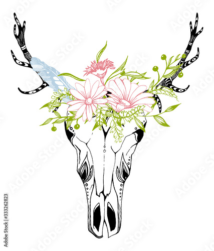 Cow, buffalo, bull skull in tribal style with flowers. Bohemian, boho vector illustration. Wild and free ethnic gypsy symbol.
