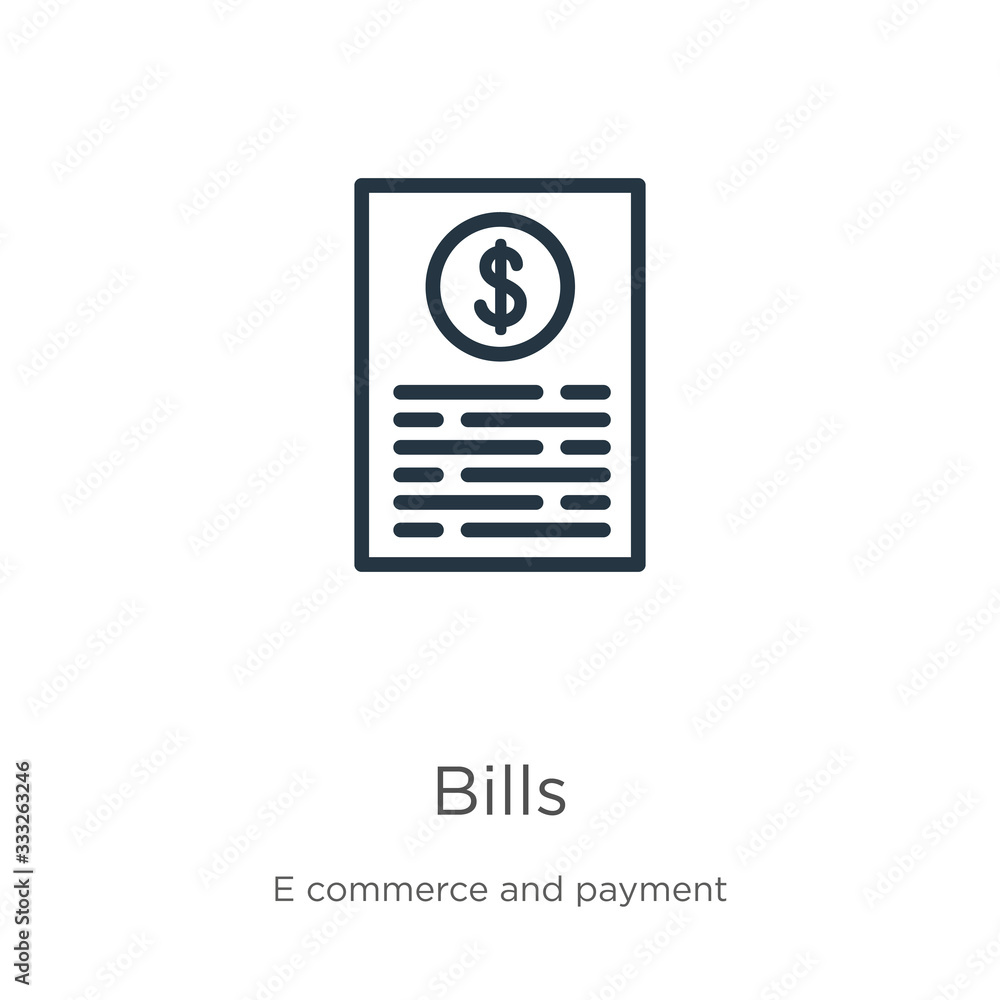Fototapeta premium Bills icon. Thin linear bills outline icon isolated on white background from e commerce and payment collection. Line vector sign, symbol for web and mobile