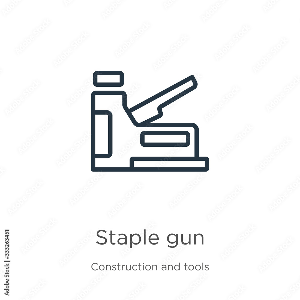 Staple gun icon. Thin linear staple gun outline icon isolated on white background from construction and tools collection. Line vector sign, symbol for web and mobile Staple gun icon. Thin linear staple gun outline icon isolated on white background from construction and tools collection. Line vector sign, symbol for web and mobile