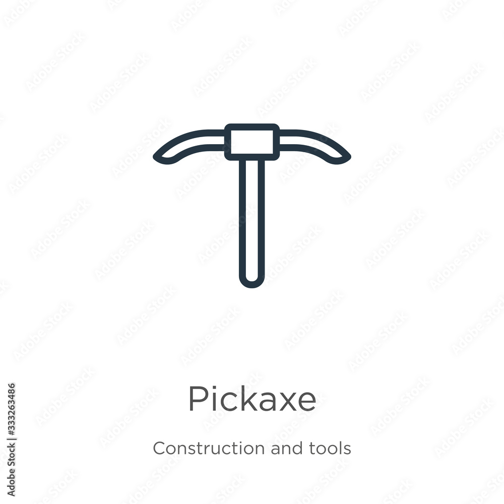 Pickaxe icon. Thin linear pickaxe outline icon isolated on white background from construction and tools collection. Line vector sign, symbol for web and mobile Pickaxe icon. Thin linear pickaxe outline icon isolated on white background from construction and tools collection. Line vector sign, symbol for web and mobile