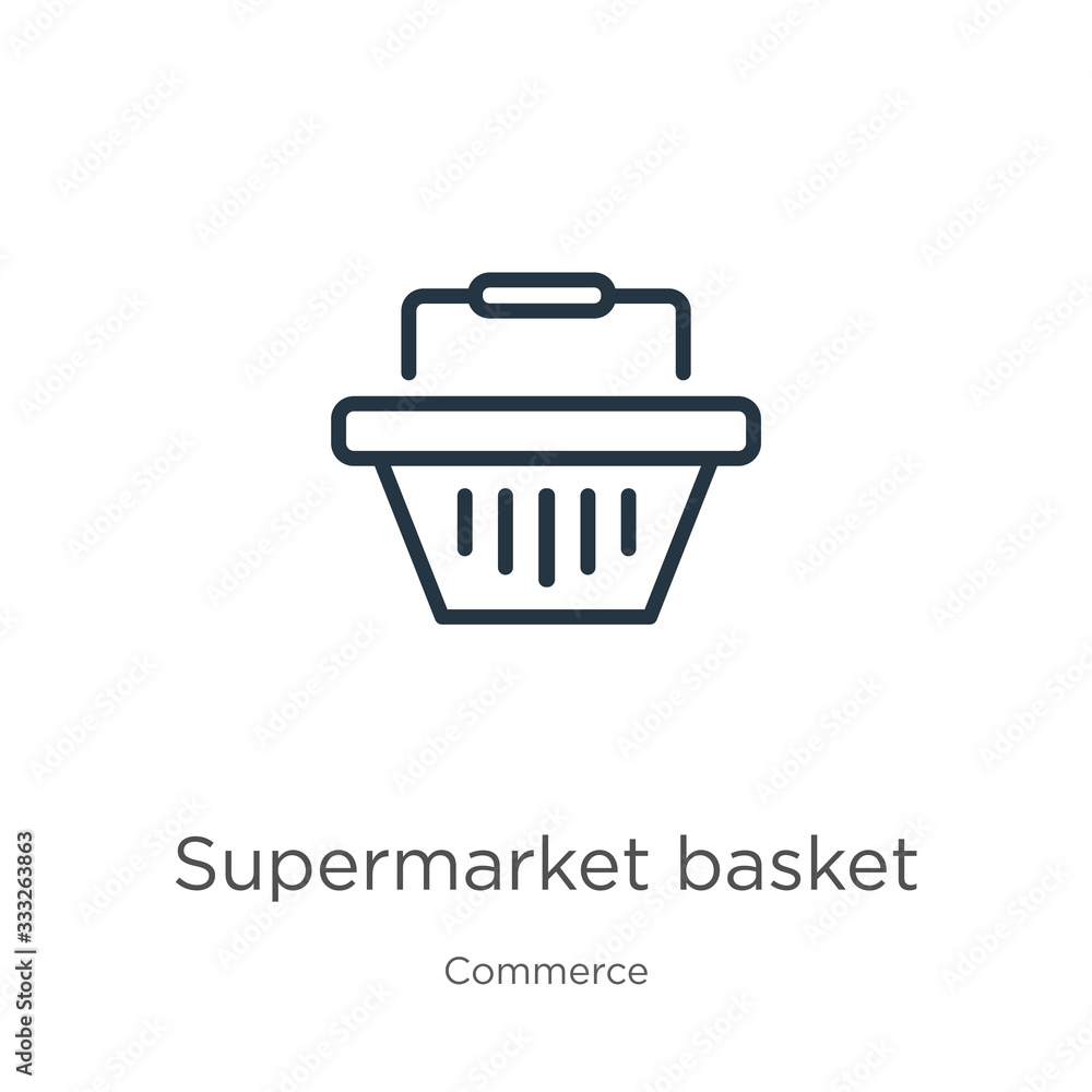 Supermarket basket icon. Thin linear supermarket basket outline icon isolated on white background from commerce collection. Line vector sign, symbol for web and mobile Supermarket basket icon. Thin linear supermarket basket outline icon isolated on white background from commerce collection. Line vector sign, symbol for web and mobile