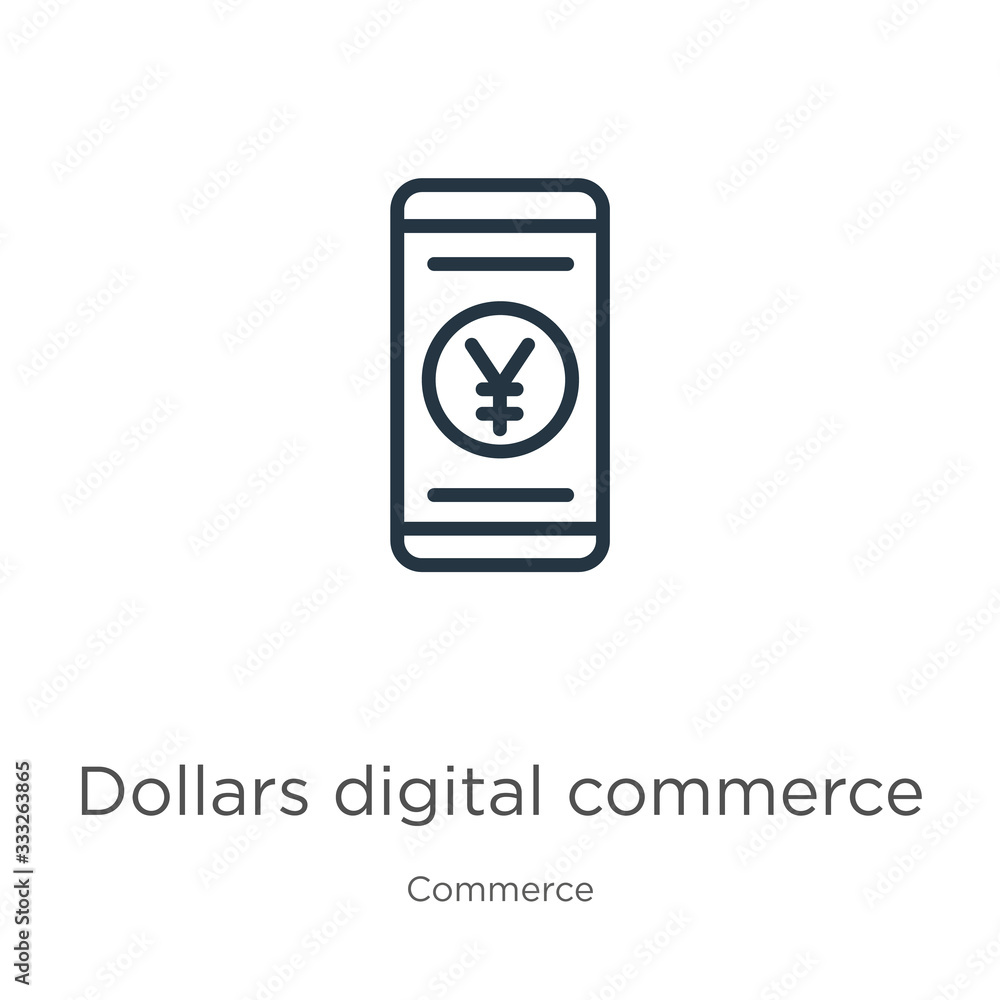 Dollars digital commerce icon. Thin linear dollars digital commerce outline icon isolated on white background from commerce collection. Line vector sign, symbol for web and mobile Dollars digital commerce icon. Thin linear dollars digital commerce outline icon isolated on white background from commerce collection. Line vector sign, symbol for web and mobile