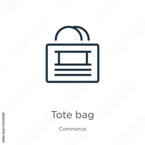 Tote bag icon. Thin linear tote bag outline icon isolated on white background from commerce and shopping collection. Line vector sign, symbol for web and mobile