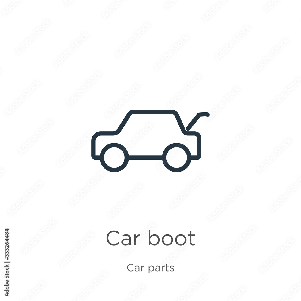 Car boot icon. Thin linear car boot outline icon isolated on white background from car parts collection. Line vector sign, symbol for web and mobile