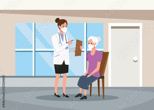 female doctor protecting elderly person characters