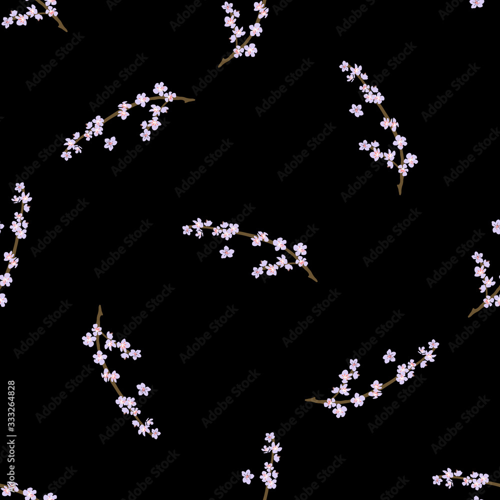 Vector Seamless pattern Blooming tree black color, Botanical Floral Decoration Texture