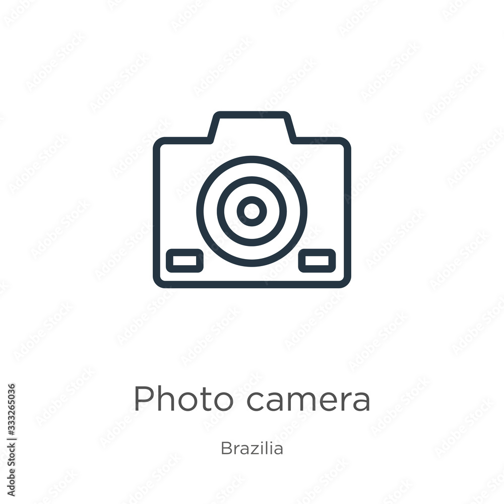 Photo camera icon. Thin linear photo camera outline icon isolated on white background from brazilia collection. Line vector sign, symbol for web and mobile