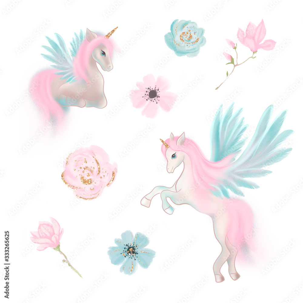 Obraz premium Magical unicorns fairy floral clip art floral set. Unicorn and flowers