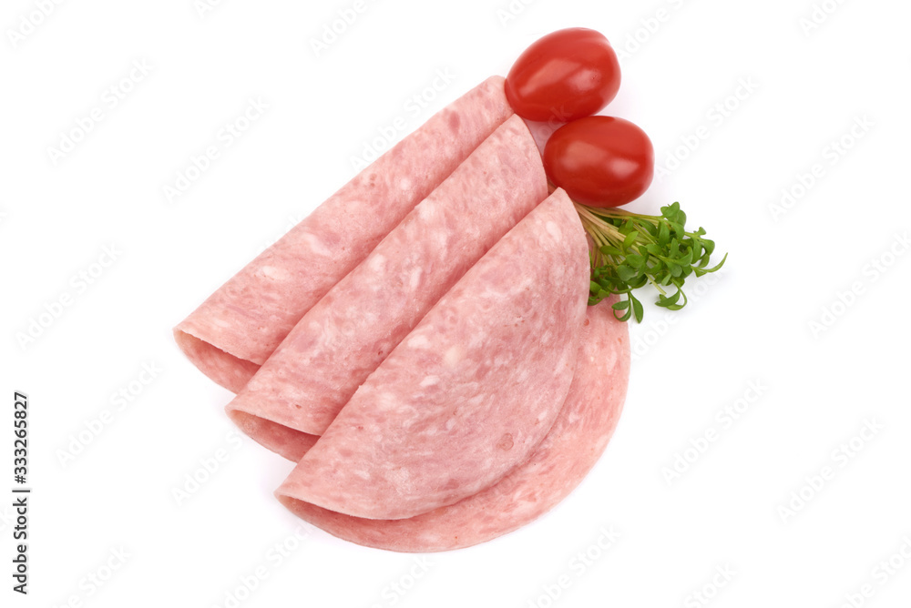 Smoked sausage slices, thinly sliced sausage, isolated on white background