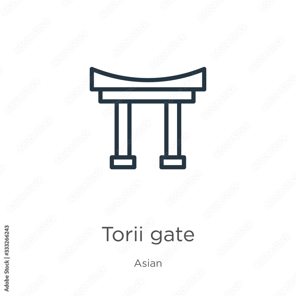 Torii gate icon. Thin linear torii gate outline icon isolated on white background from asian collection. Line vector sign, symbol for web and mobile Torii gate icon. Thin linear torii gate outline icon isolated on white background from asian collection. Line vector sign, symbol for web and mobile