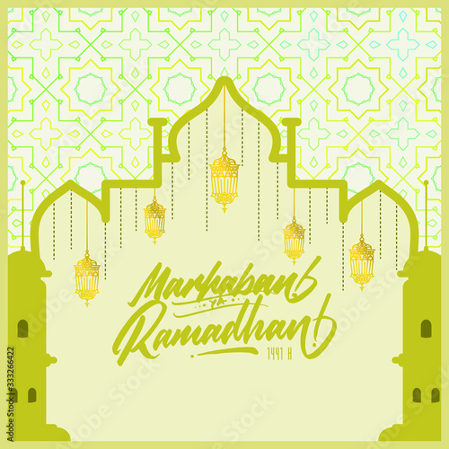 Marhaban ya Ramadhan Greeting Card Design with Mosque Pattern and Unique Lamp (ID: 333266422)