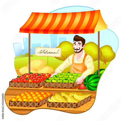 Grocery illustration. Charming grocer offers fruit in boxes.