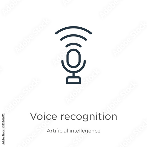 Voice recognition icon. Thin linear voice recognition outline icon isolated on white background from artificial intellegence and future technology collection. Line vector sign, symbol for web and